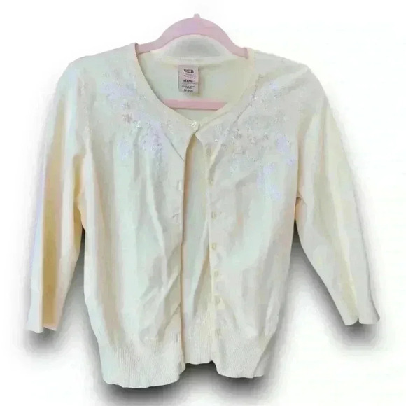 vtg Faded Glory embroidered beaded spring yellow cardigan sweater 3/4‎ sleeves m - Picture 7 of 10
